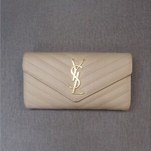 Saint Laurent Beige Quilted Leather Envelope Clutch with Gold YSL